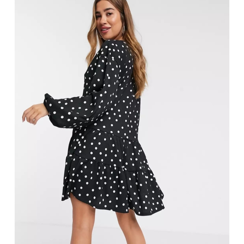 Mango Tiered Polka Dot Jersey Smock Dress in  Black - Picture 3 of 8